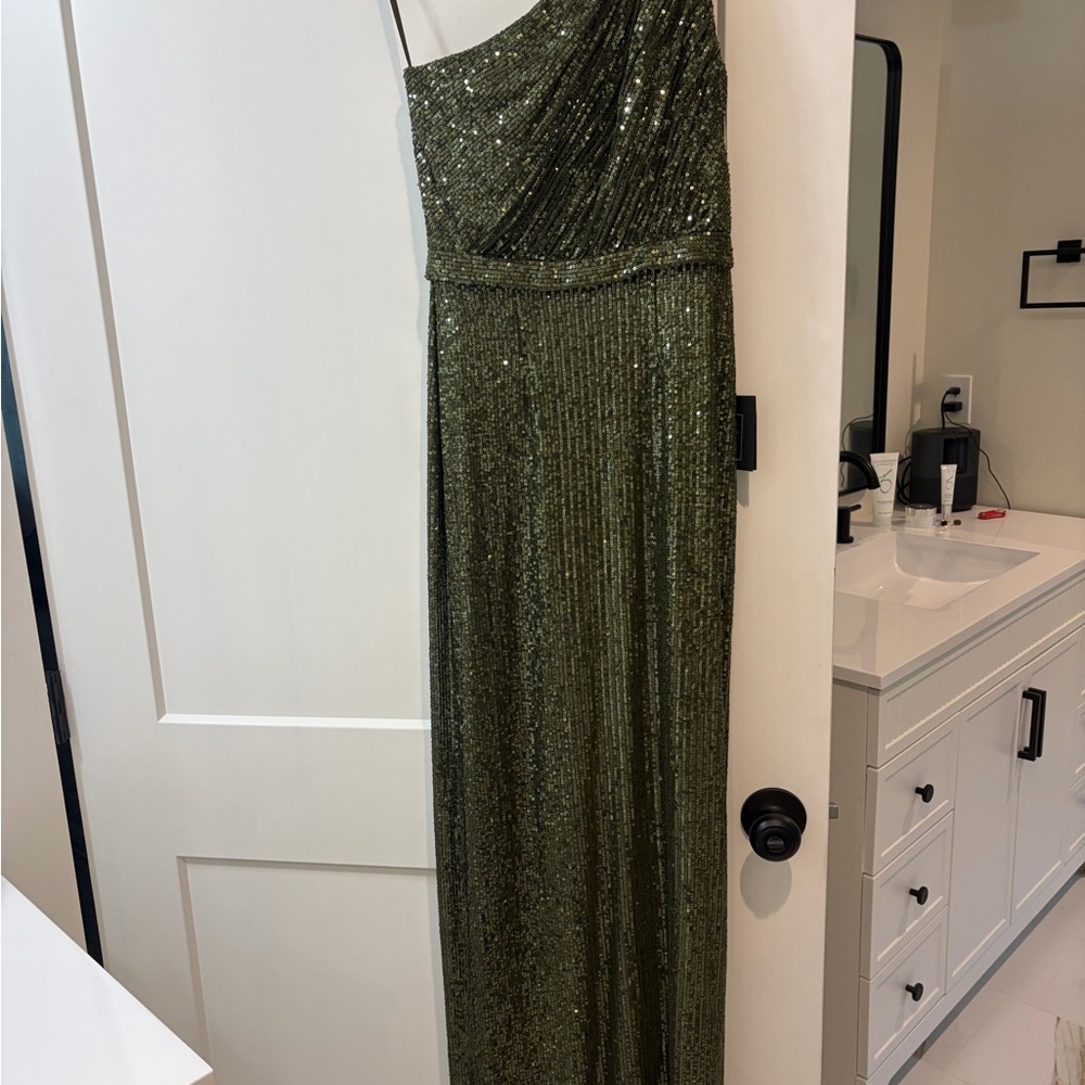 Mac Duggal Olive Green One-Shoulder Sequin Evening Gown